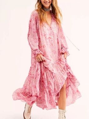 Free People feeling Groovy Pink Floral Long Sleeve Maxi Dress - Boho
